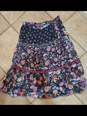 Anthropologie Navy Floral Tiered Midi Skirt with Pink & Orange Blooms